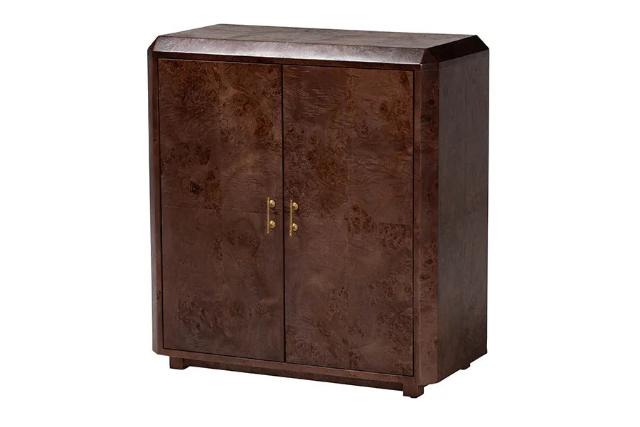 bali & pari Valora Real Burl Wood Storage Cabinet in Dark Walnut Brown - Modern Accent Cupboard with Double Doors and Brass Handles, Elegant Sideboard for Living Room, Entryway or Dining Area FredCo