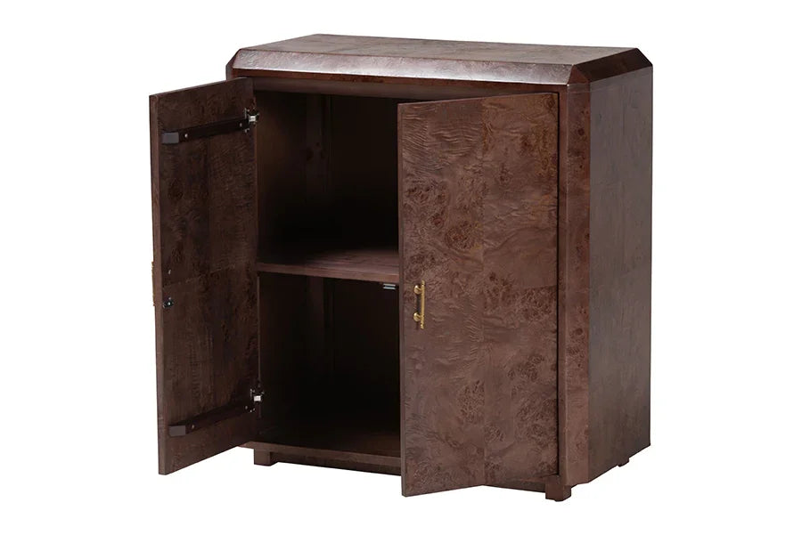 bali & pari Valora Real Burl Wood Storage Cabinet in Dark Walnut Brown - Modern Accent Cupboard with Double Doors and Brass Handles, Elegant Sideboard for Living Room, Entryway or Dining Area FredCo