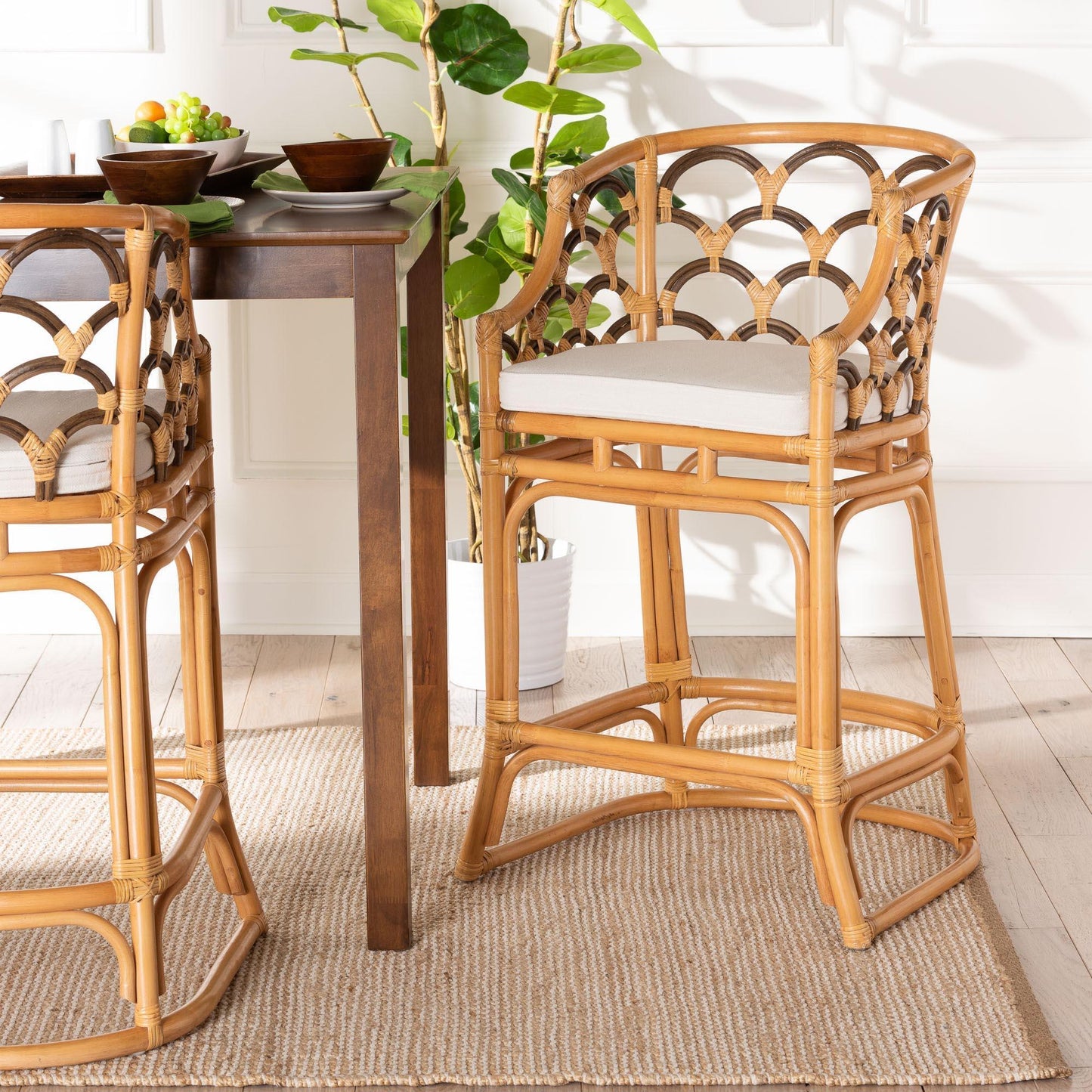 bali & pari Veneto Modern Bohemian Light Honey and Dark Brown Rattan Bar Stool FredCo