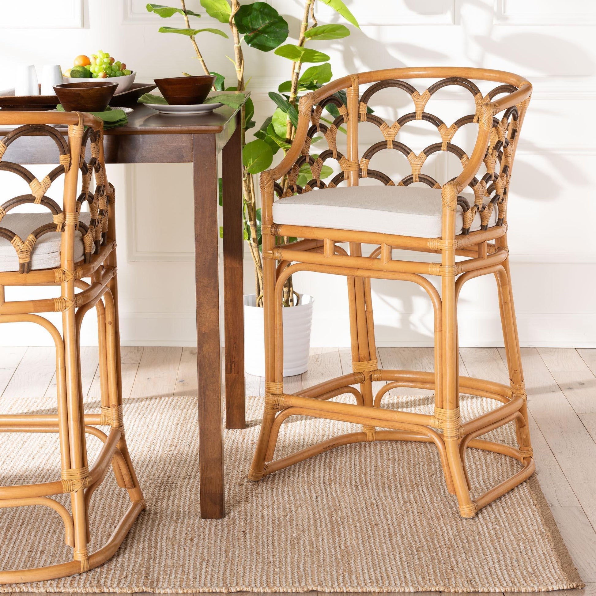 bali & pari Veneto Modern Bohemian Light Honey and Dark Brown Rattan Bar Stool FredCo