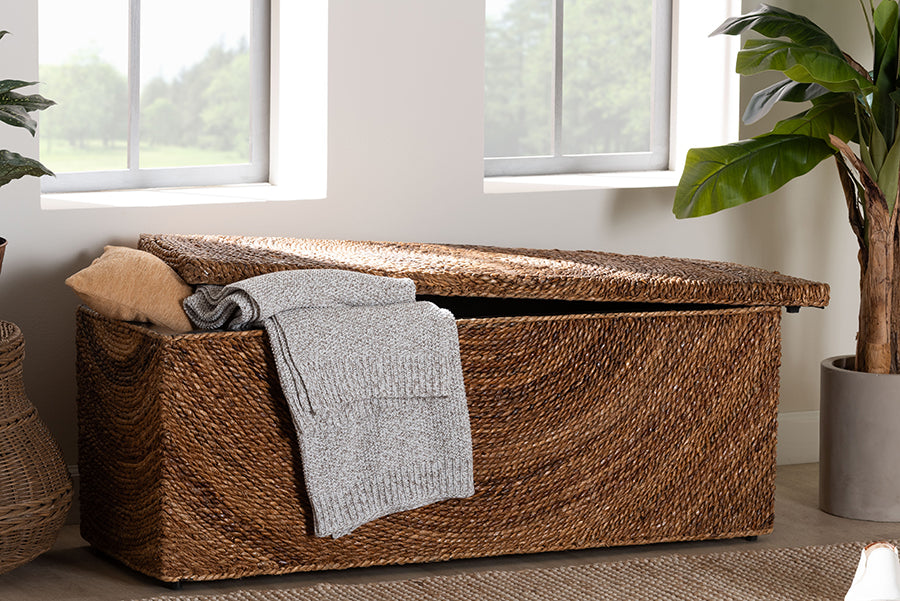 bali & pari Verino Handwoven Seagrass Storage Bench with Removable Lid - Rustic Wicker Trunk Chest for Entryway, Living Room, or Bedroom Organization FredCo