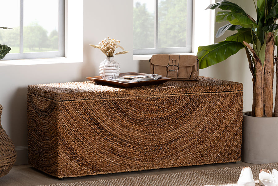 bali & pari Verino Handwoven Seagrass Storage Bench with Removable Lid - Rustic Wicker Trunk Chest for Entryway, Living Room, or Bedroom Organization FredCo