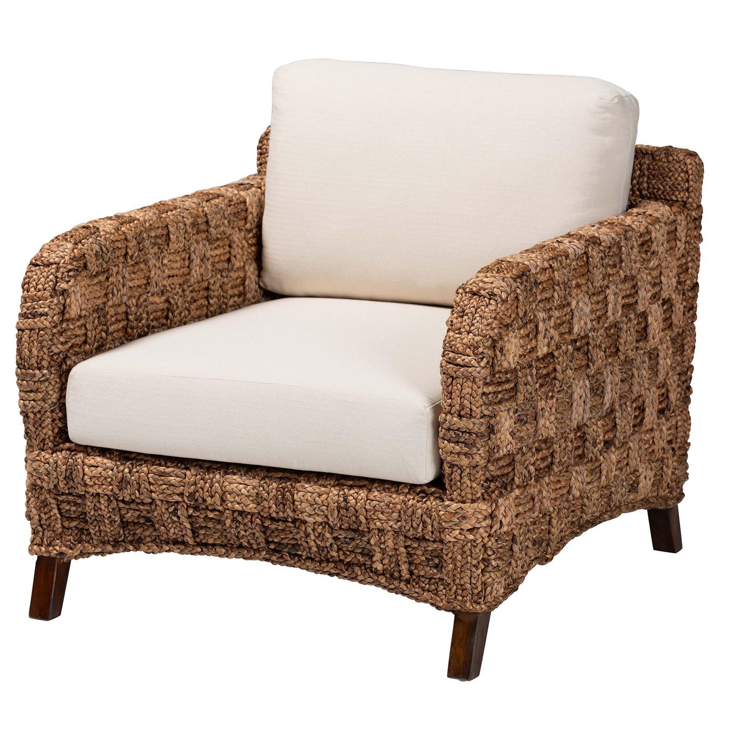 bali & pari Vevina Modern Bohemian Dark Brown Mahogany Wood and Woven Seagrass Arm Chair FredCo