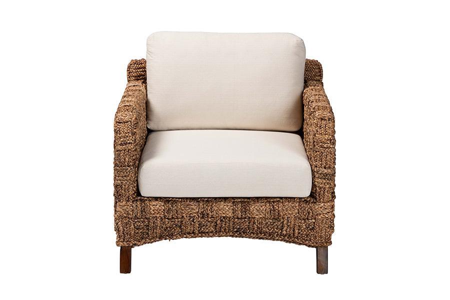 bali & pari Vevina Modern Bohemian Dark Brown Mahogany Wood and Woven Seagrass Arm Chair FredCo