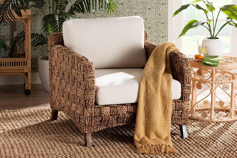 bali & pari Vevina Modern Bohemian Dark Brown Mahogany Wood and Woven Seagrass Arm Chair FredCo