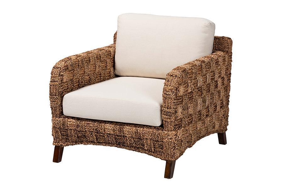 bali & pari Vevina Modern Bohemian Dark Brown Mahogany Wood and Woven Seagrass Arm Chair FredCo