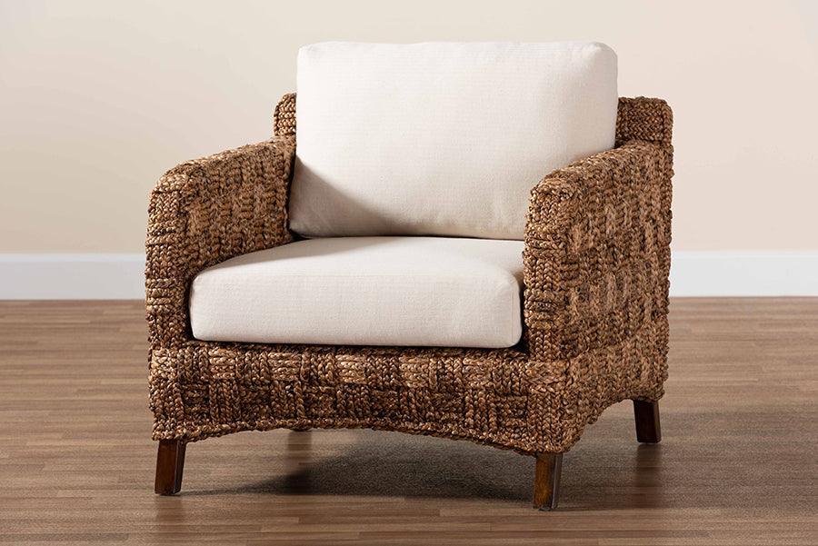 bali & pari Vevina Modern Bohemian Dark Brown Mahogany Wood and Woven Seagrass Arm Chair FredCo