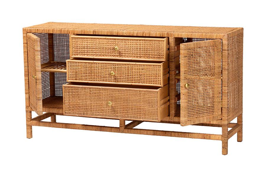 bali & pari Vivan Bohemian Honey Rattan and Mahogany Wood 3-Drawer Storage Cabinet FredCo