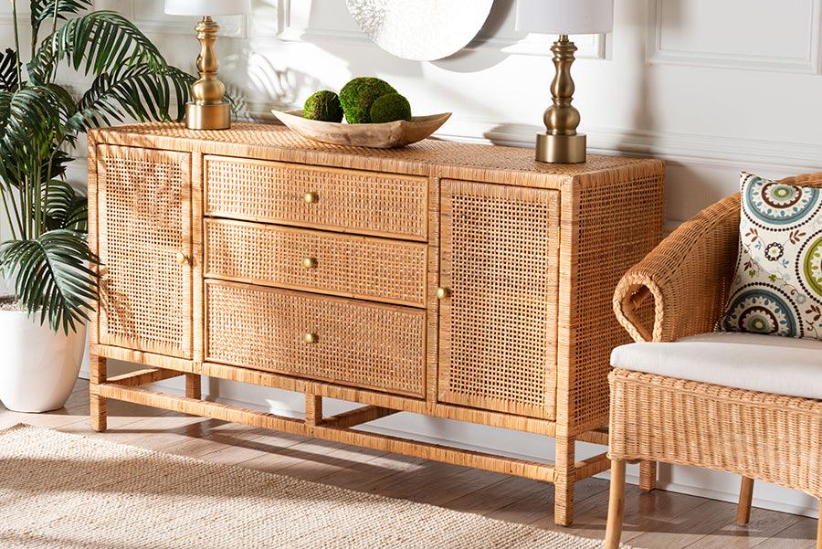 bali & pari Vivan Bohemian Honey Rattan and Mahogany Wood 3-Drawer Storage Cabinet FredCo