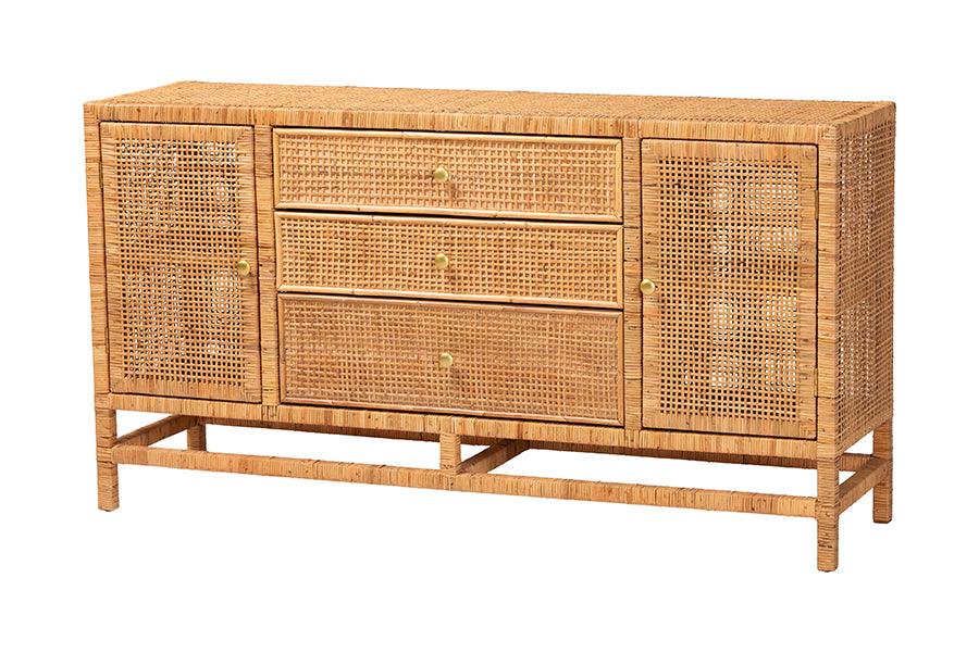 bali & pari Vivan Bohemian Honey Rattan and Mahogany Wood 3-Drawer Storage Cabinet FredCo