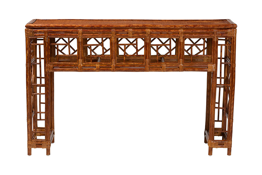 Brown bamboo console table with geometric lattice design, FredCo International furniture