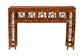 Brown bamboo console table with geometric lattice design, FredCo International furniture
