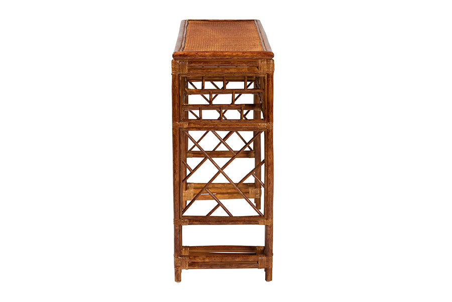 Side view of a bamboo wood console table with lattice design, offered by FredCo International.