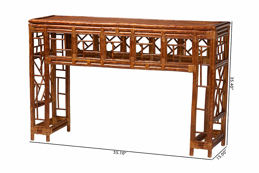Bamboo console table with geometric openwork design, 55.1 inch width, FredCo International furniture