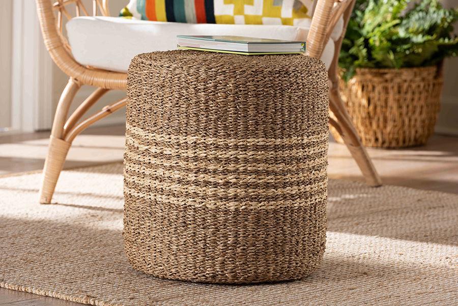 bali & pari Wickham Modern Bohemian Natural Brown Seagrass Ottoman Footstool FredCo