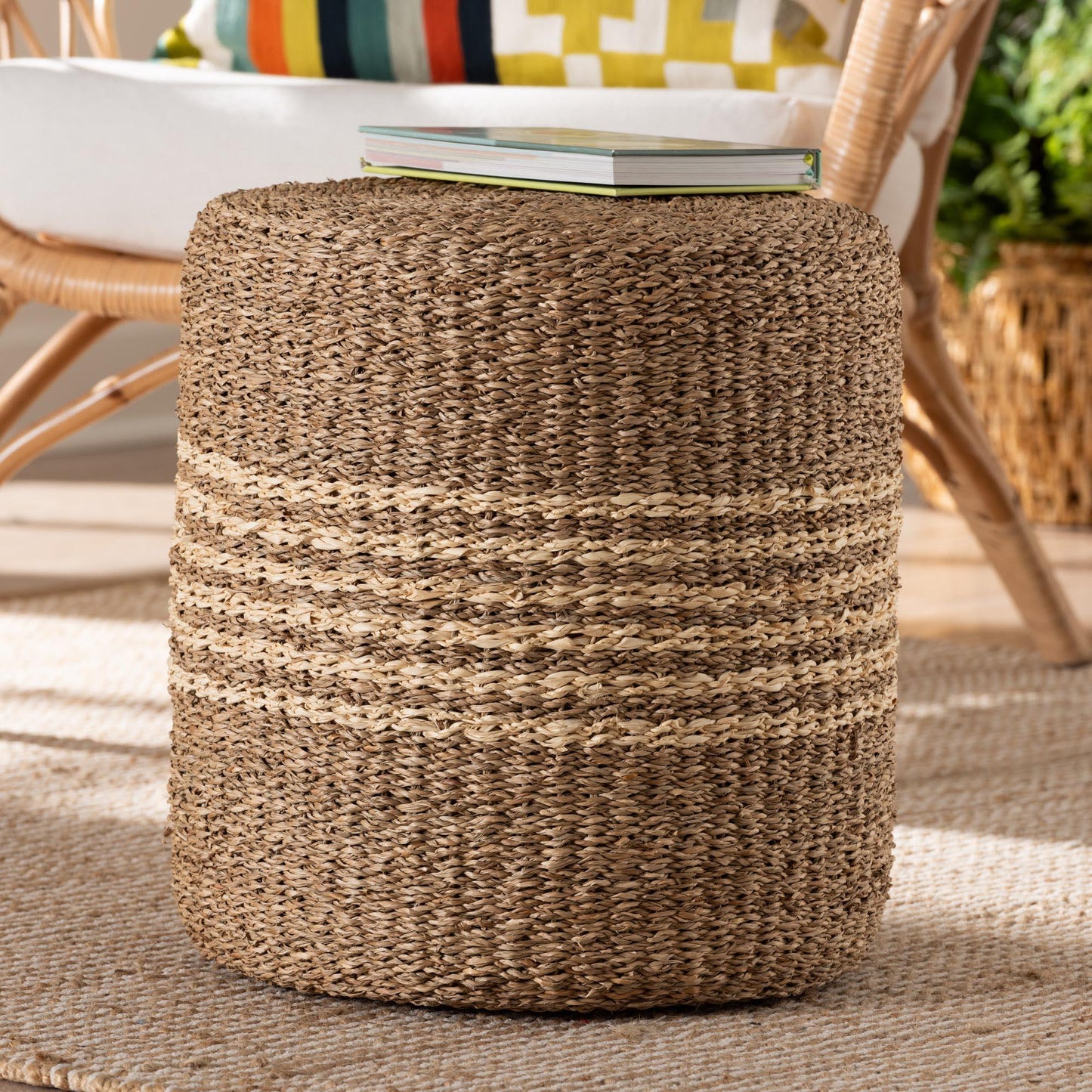 bali & pari Wickham Modern Bohemian Natural Brown Seagrass Ottoman Footstool FredCo