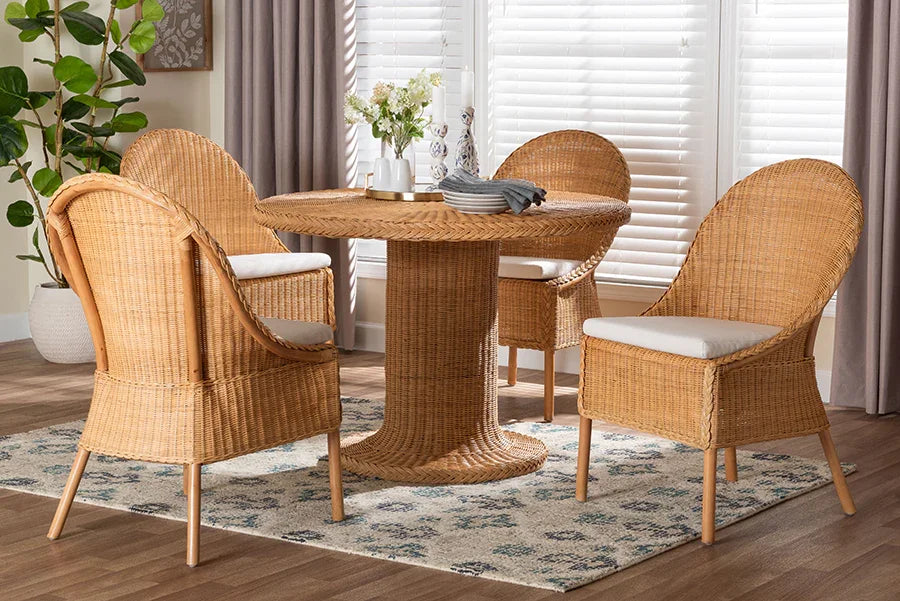 bali & pari Willy 5-Piece Rattan Dining Set - Round Wicker Table with Pedestal Base and 4 Side Chairs, Handwoven Boho Coastal Style for Dining, Kitchen or Sun Room, Light Honey FredCo