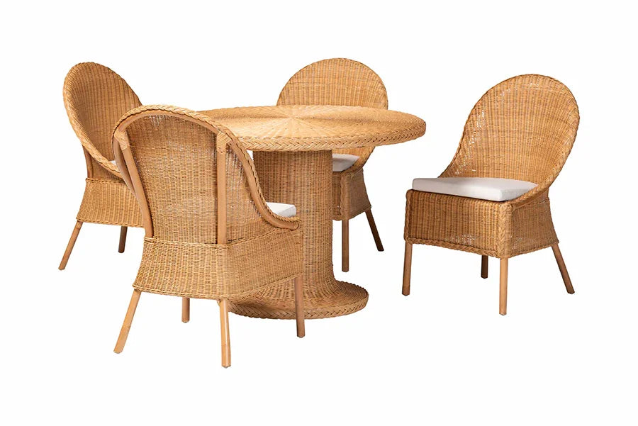 bali & pari Willy 5-Piece Rattan Dining Set - Round Wicker Table with Pedestal Base and 4 Side Chairs, Handwoven Boho Coastal Style for Dining, Kitchen or Sun Room, Light Honey FredCo