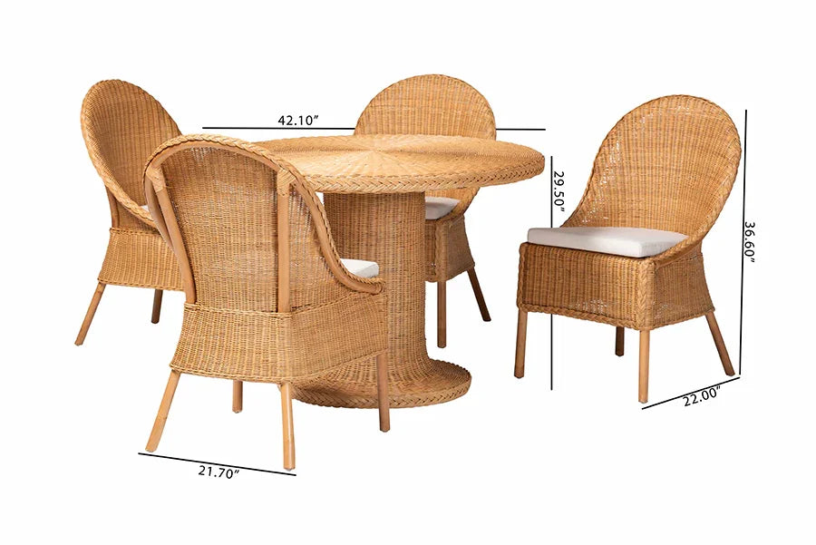 bali & pari Willy 5-Piece Rattan Dining Set - Round Wicker Table with Pedestal Base and 4 Side Chairs, Handwoven Boho Coastal Style for Dining, Kitchen or Sun Room, Light Honey FredCo
