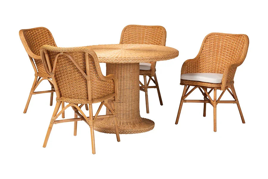 bali & pari Wistan 5-Piece Rattan Dining Set - Round Wicker Table with Pedestal Base and 4 Armchairs, Handwoven Boho Coastal Style for Dining, Kitchen or Sun Room, Light Honey FredCo