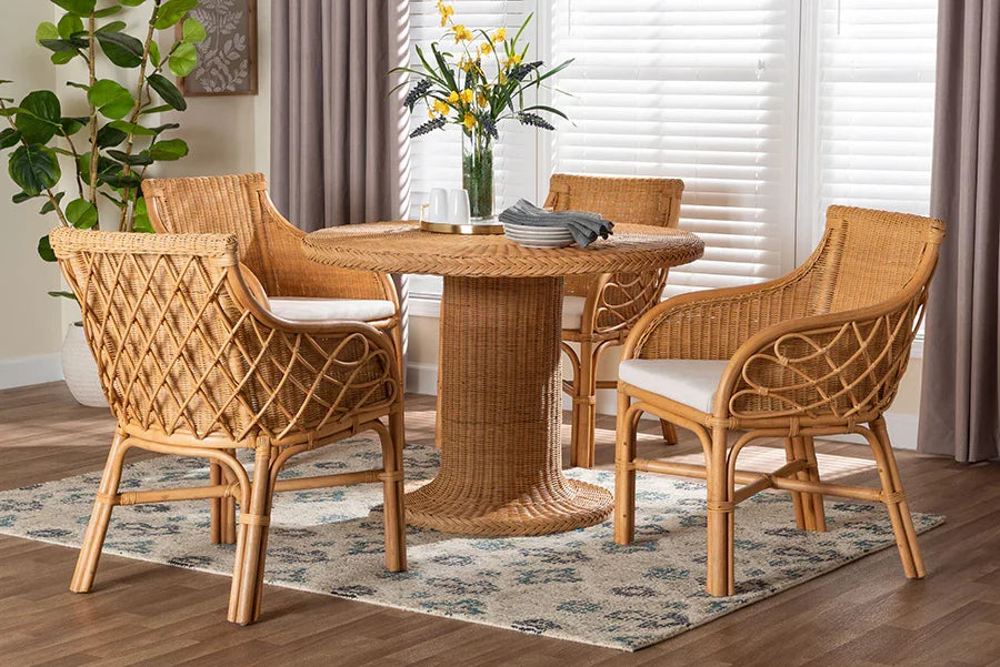 bali & pari Wymond 5-Piece Rattan Dining Set - Round Wicker Table with Pedestal Base and 4 Armchairs, Handwoven Boho Coastal Style for Dining, Kitchen or Sun Room, Light Honey FredCo