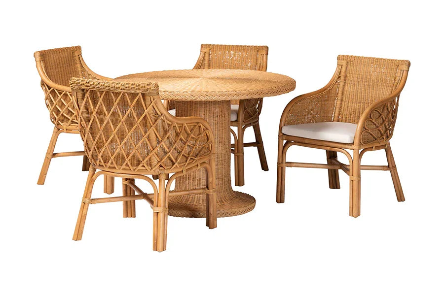 bali & pari Wymond 5-Piece Rattan Dining Set - Round Wicker Table with Pedestal Base and 4 Armchairs, Handwoven Boho Coastal Style for Dining, Kitchen or Sun Room, Light Honey FredCo