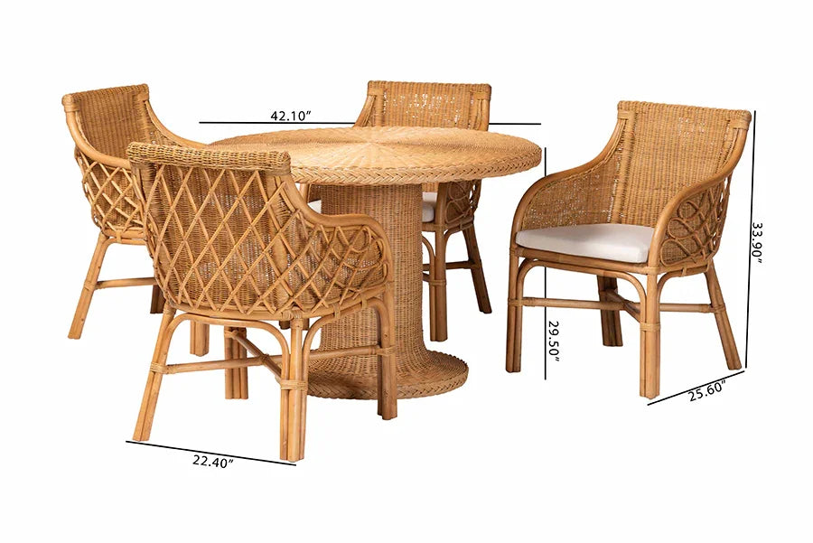 bali & pari Wymond 5-Piece Rattan Dining Set - Round Wicker Table with Pedestal Base and 4 Armchairs, Handwoven Boho Coastal Style for Dining, Kitchen or Sun Room, Light Honey FredCo