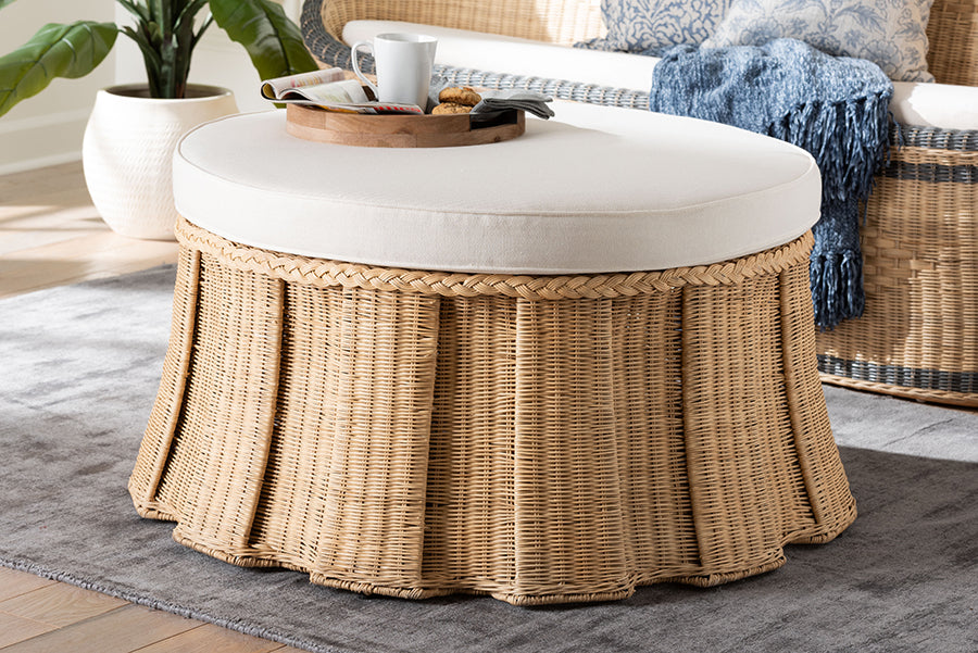 Bali & Pari Ying Large Round Natural Rattan Ottoman with Cushion – Handwoven Pleated Skirt Coffee Table or Extra Seating FredCo