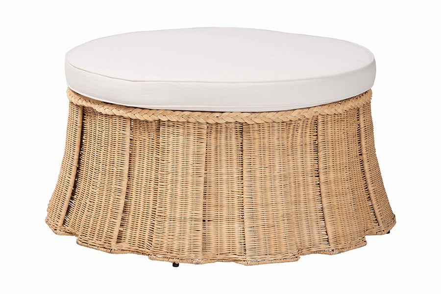 Bali & Pari Ying Large Round Natural Rattan Ottoman with Cushion – Handwoven Pleated Skirt Coffee Table or Extra Seating FredCo