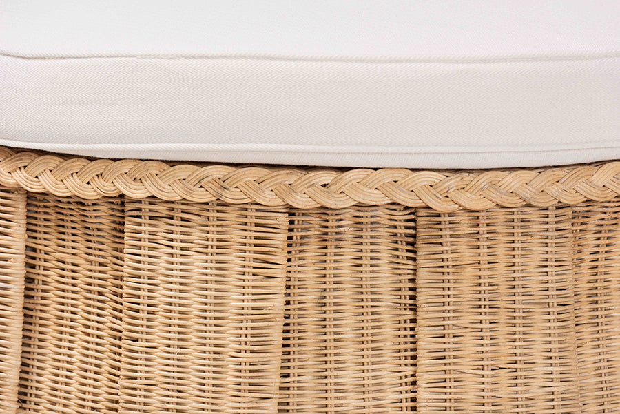 Bali & Pari Ying Large Round Natural Rattan Ottoman with Cushion – Handwoven Pleated Skirt Coffee Table or Extra Seating FredCo