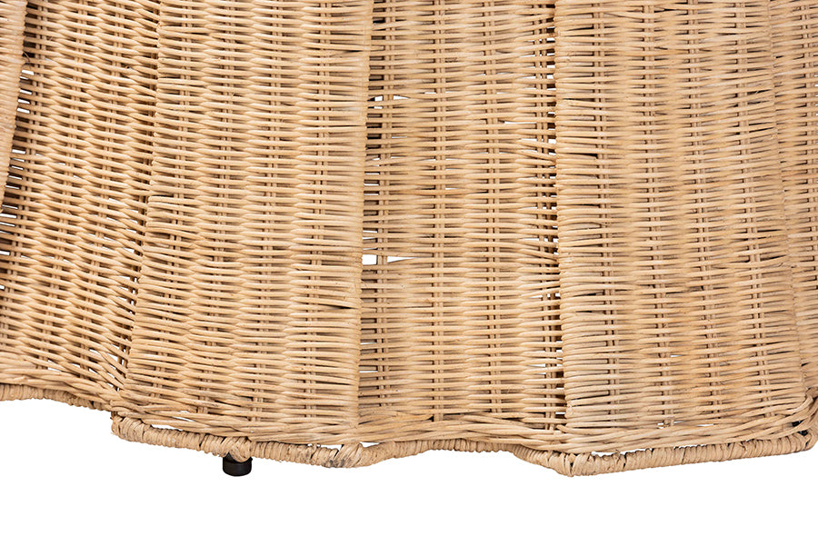 Bali & Pari Ying Large Round Natural Rattan Ottoman with Cushion – Handwoven Pleated Skirt Coffee Table or Extra Seating FredCo