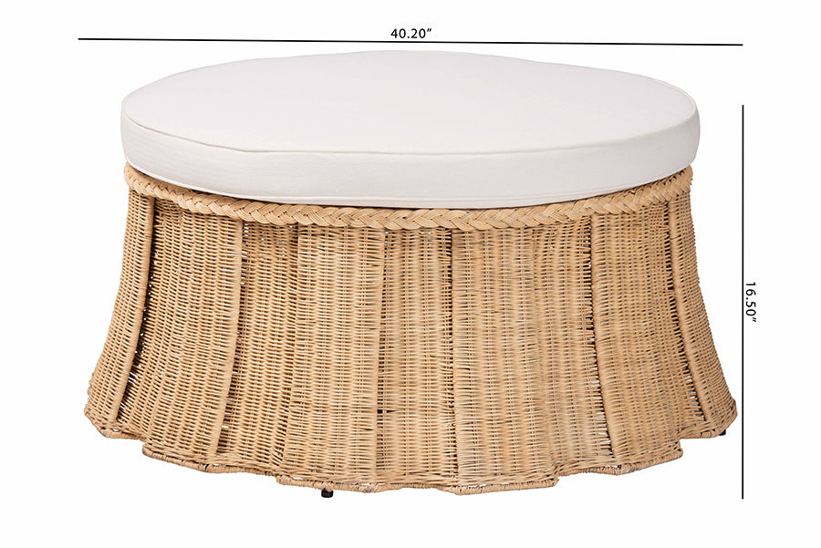 Bali & Pari Ying Large Round Natural Rattan Ottoman with Cushion – Handwoven Pleated Skirt Coffee Table or Extra Seating FredCo