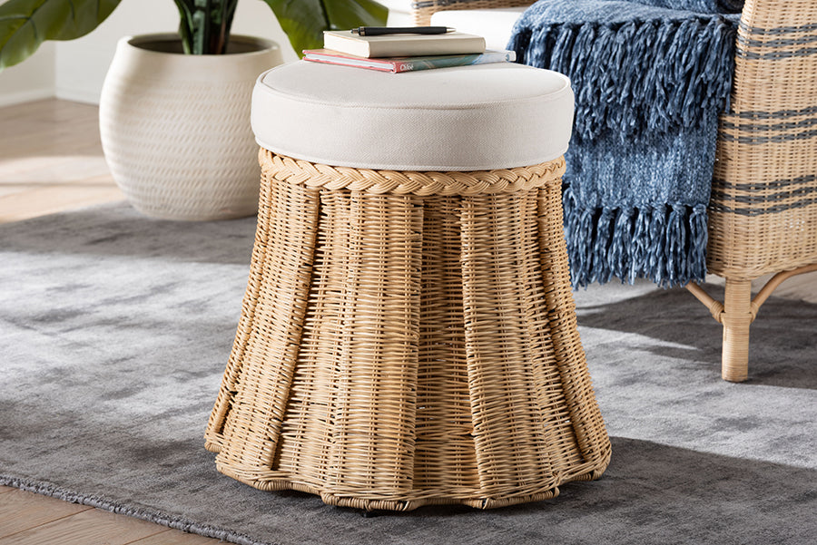 Bali & Pari Ying Small Round Natural Rattan Ottoman with Cushion – Handwoven Pleated Skirt Coffee Table or Extra Seating FredCo