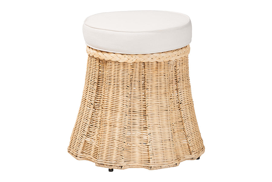 Bali & Pari Ying Small Round Natural Rattan Ottoman with Cushion – Handwoven Pleated Skirt Coffee Table or Extra Seating FredCo
