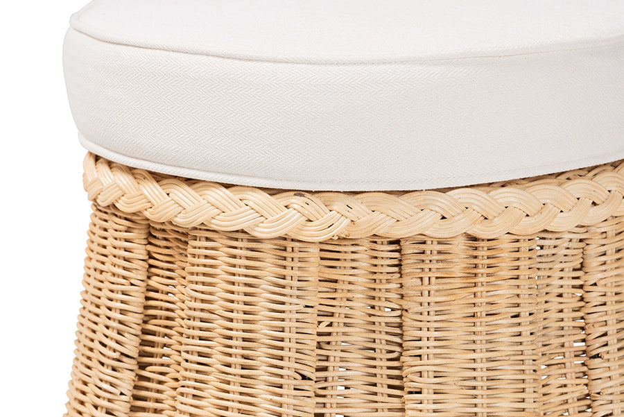 Bali & Pari Ying Small Round Natural Rattan Ottoman with Cushion – Handwoven Pleated Skirt Coffee Table or Extra Seating FredCo
