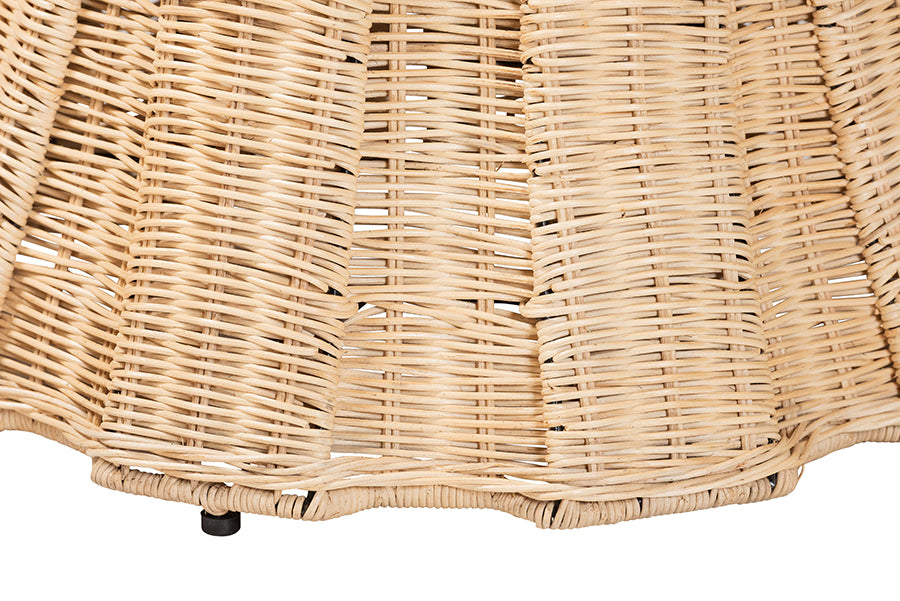 Bali & Pari Ying Small Round Natural Rattan Ottoman with Cushion – Handwoven Pleated Skirt Coffee Table or Extra Seating FredCo