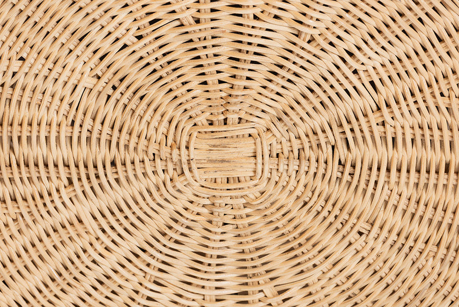 Bali & Pari Ying Small Round Natural Rattan Ottoman with Cushion – Handwoven Pleated Skirt Coffee Table or Extra Seating FredCo