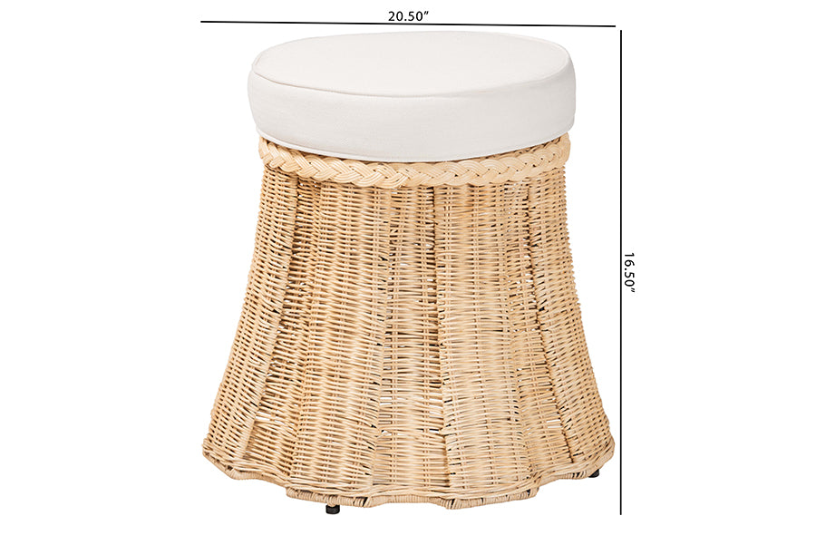 Bali & Pari Ying Small Round Natural Rattan Ottoman with Cushion – Handwoven Pleated Skirt Coffee Table or Extra Seating FredCo