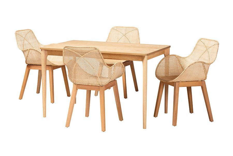 Ballerina Japandi Natural Brown Mahogany Wood and Rattan 5-Piece Dining Set FredCo