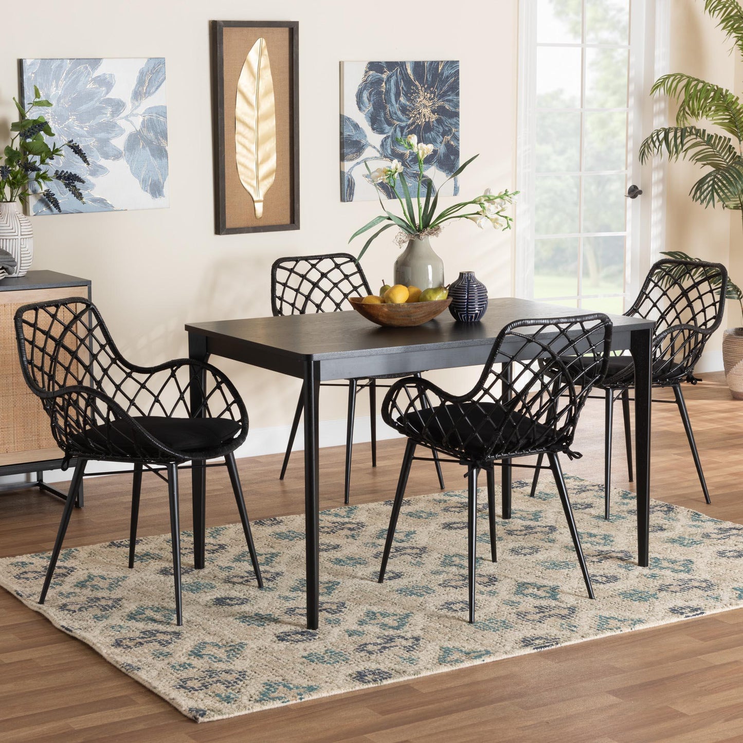 Ballerina Modern Bohemian Black Finished Wood and Rattan 5-Piece Dining Set FredCo