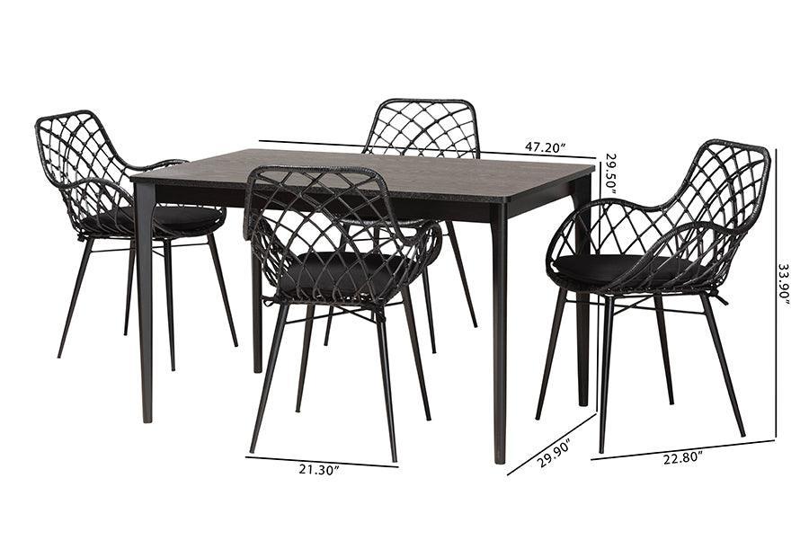 Ballerina Modern Bohemian Black Finished Wood and Rattan 5-Piece Dining Set FredCo