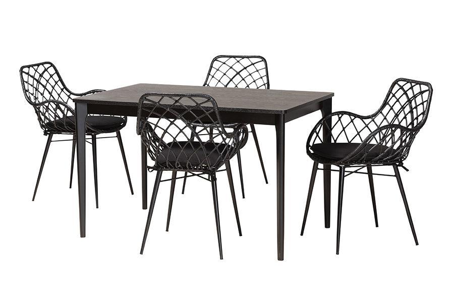 Ballerina Modern Bohemian Black Finished Wood and Rattan 5-Piece Dining Set FredCo