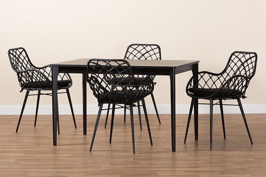 Ballerina Modern Bohemian Black Finished Wood and Rattan 5-Piece Dining Set FredCo