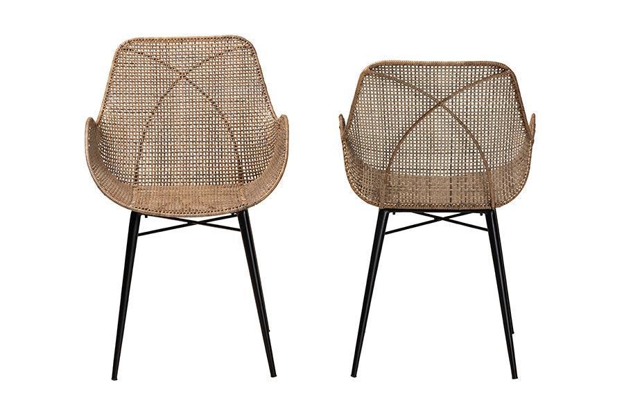 Ballerina Modern Bohemian Greywashed Rattan and Black Metal 2-Piece Dining Chair Set FredCo