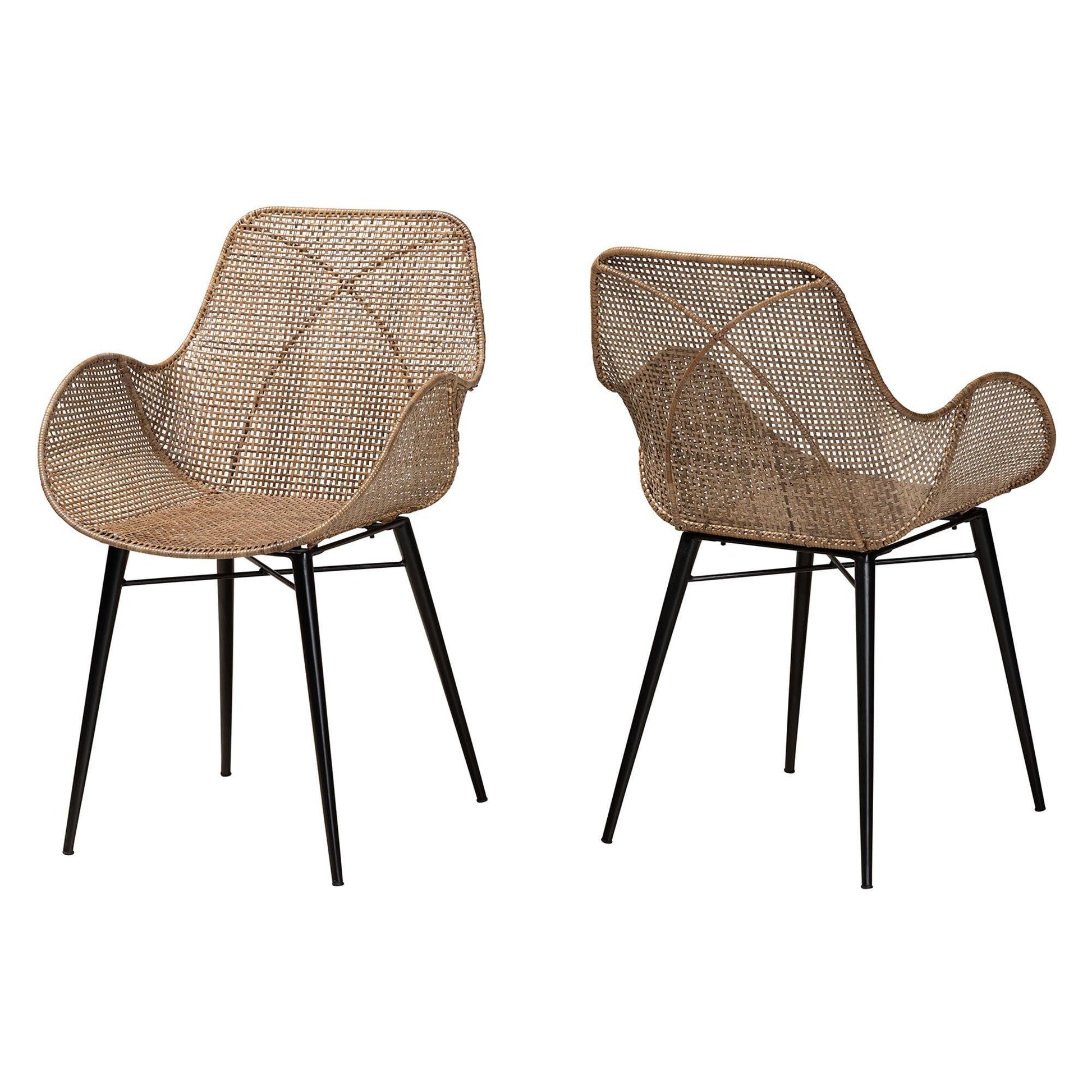 Ballerina Modern Bohemian Greywashed Rattan and Black Metal 2-Piece Dining Chair Set FredCo