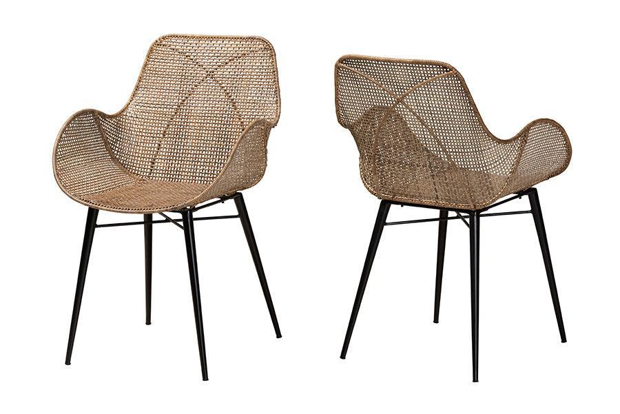 Ballerina Modern Bohemian Greywashed Rattan and Black Metal 2-Piece Dining Chair Set FredCo