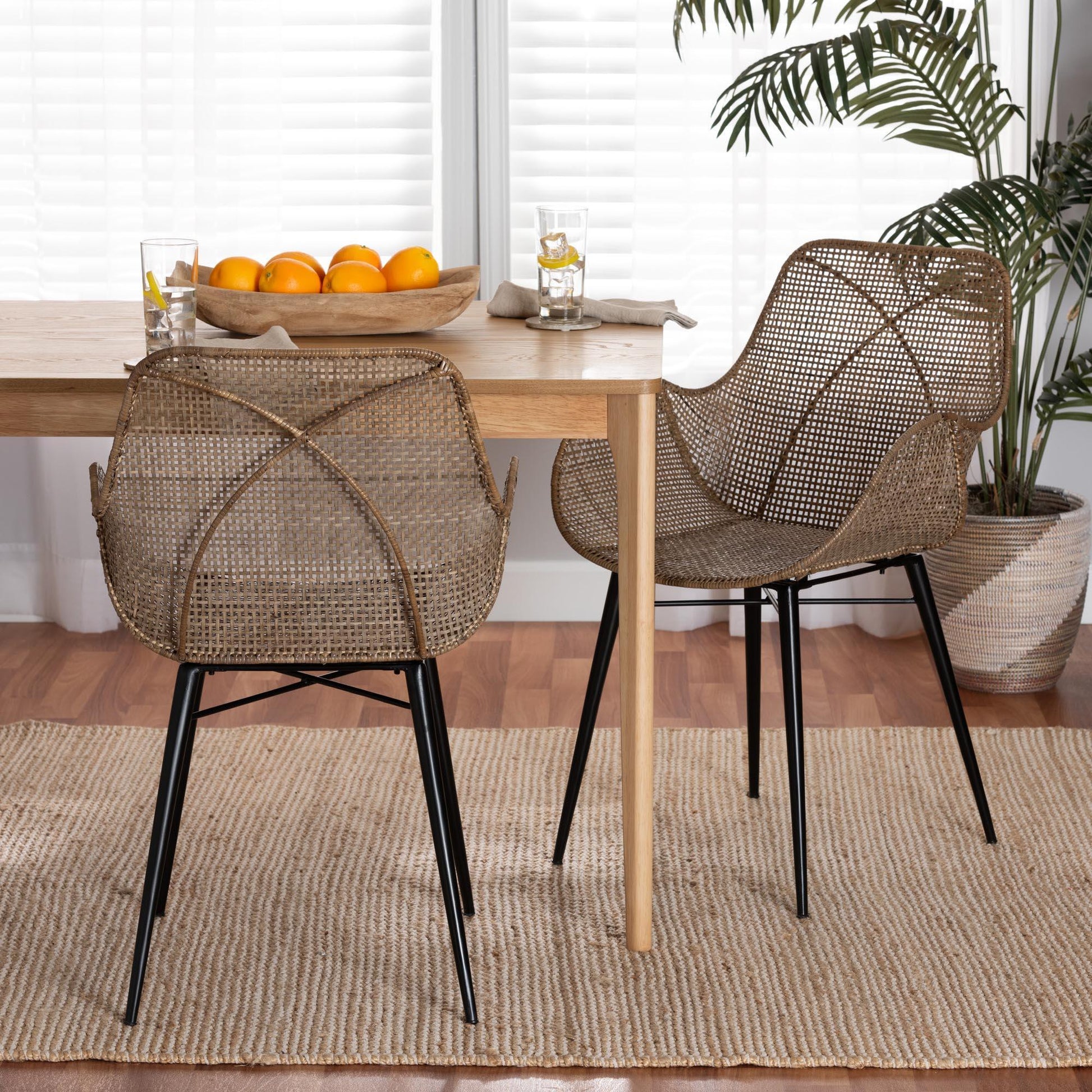 Ballerina Modern Bohemian Greywashed Rattan and Black Metal 2-Piece Dining Chair Set FredCo