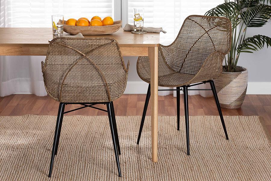 Ballerina Modern Bohemian Greywashed Rattan and Black Metal 2-Piece Dining Chair Set FredCo
