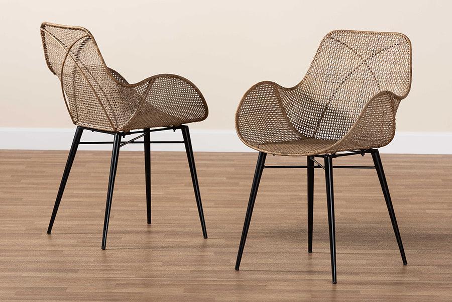 Ballerina Modern Bohemian Greywashed Rattan and Black Metal 2-Piece Dining Chair Set FredCo