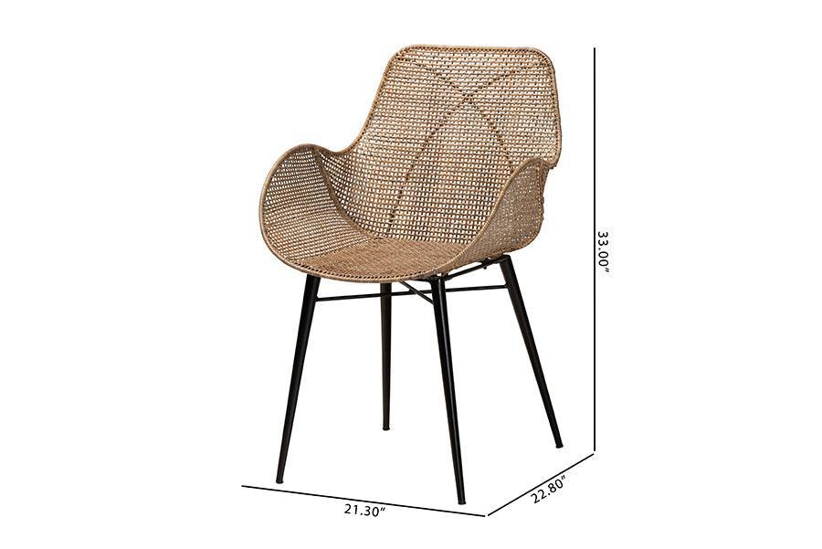 Ballerina Modern Bohemian Greywashed Rattan and Black Metal 2-Piece Dining Chair Set FredCo